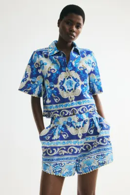 Short en lin mélangé à motif - Bleu/motif — photo 1
