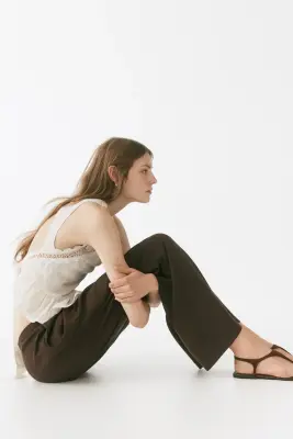 Pantalon large en lin mélangé - Marron foncé — photo 2