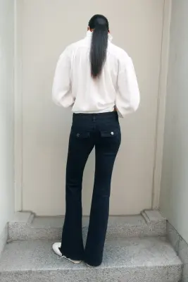 Flared Low Waist Jeans - Bleu denim foncé — photo 2