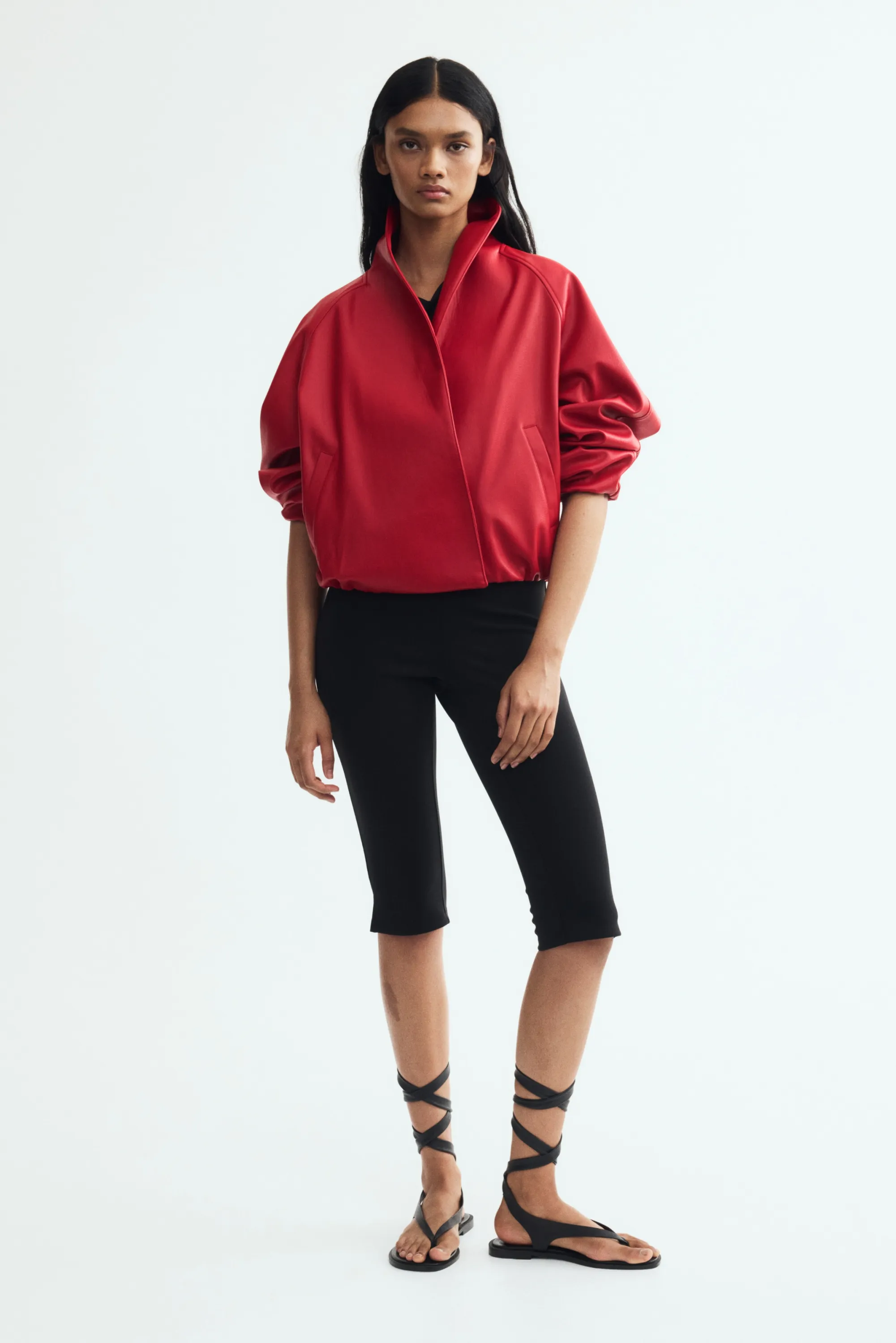 Veste en tissu enduit avec col châle - Rouge vif