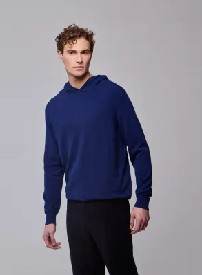 Pull Bleu Capuche Manches Longues en Coton organique / Elasthanne — photo 2