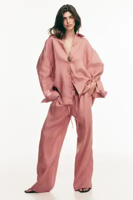 Pantalon en lin avec cordon de serrage - Rose ancien — photo 2