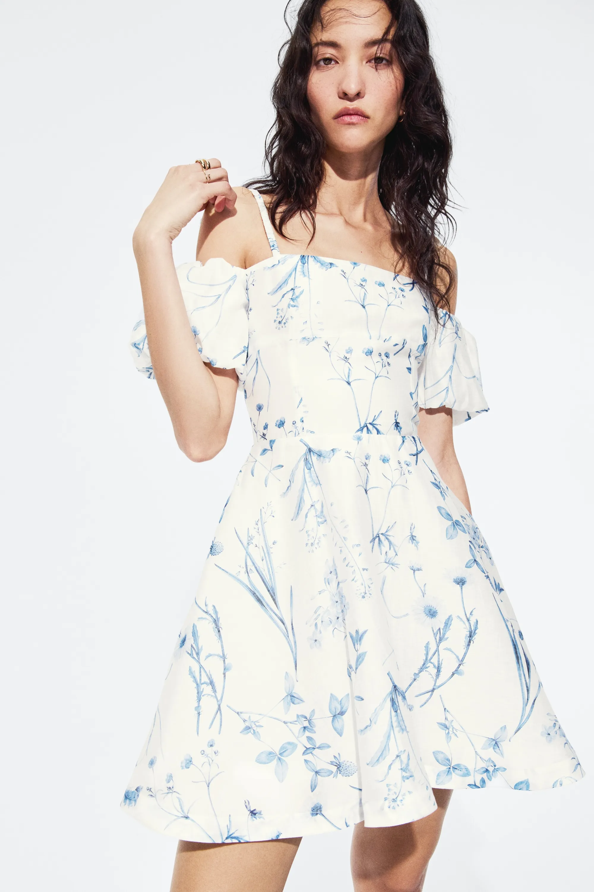 Robe épaules dénudées en lin mélangé - Blanc/fleuri