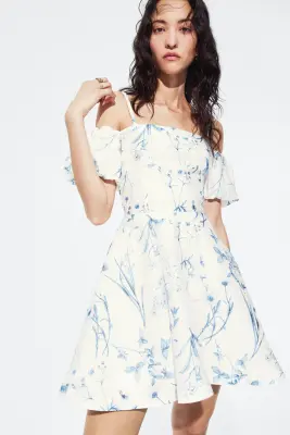 Robe épaules dénudées en lin mélangé - Blanc/fleuri — photo 1