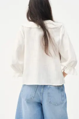 Blouse volantée en coton mélangé - Crème — photo 2