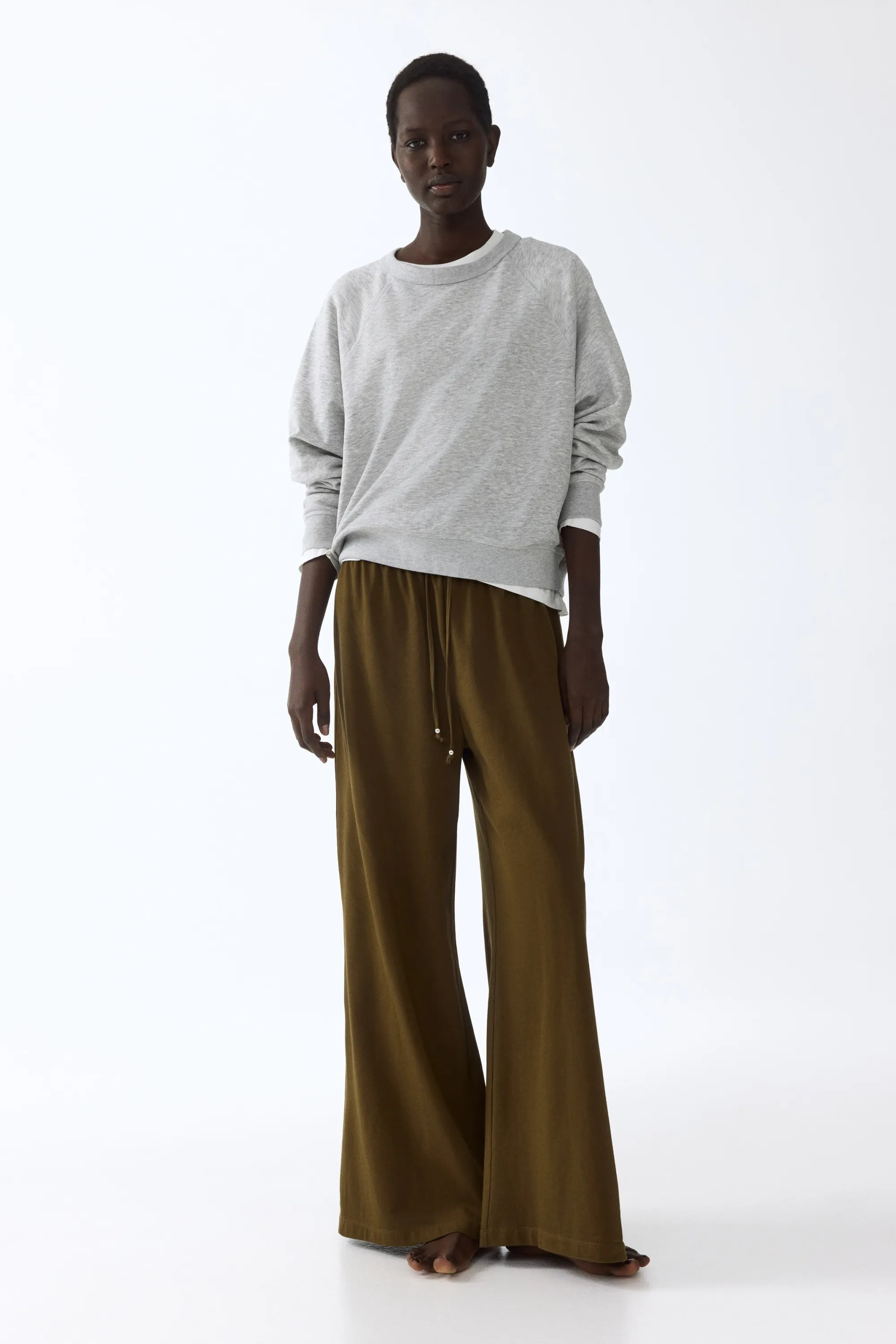 Pantalon en coton avec cordon de serrage - Vert kaki foncé