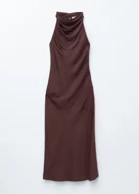Robe midi en satin à col bénitier - Marron foncé