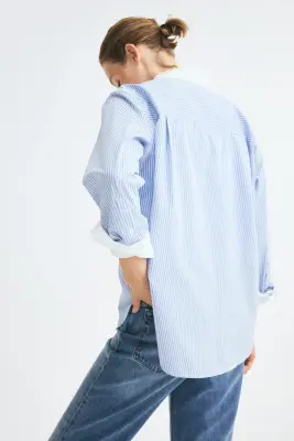 Chemise en popeline de coton - Bleu clair/rayé — photo 3