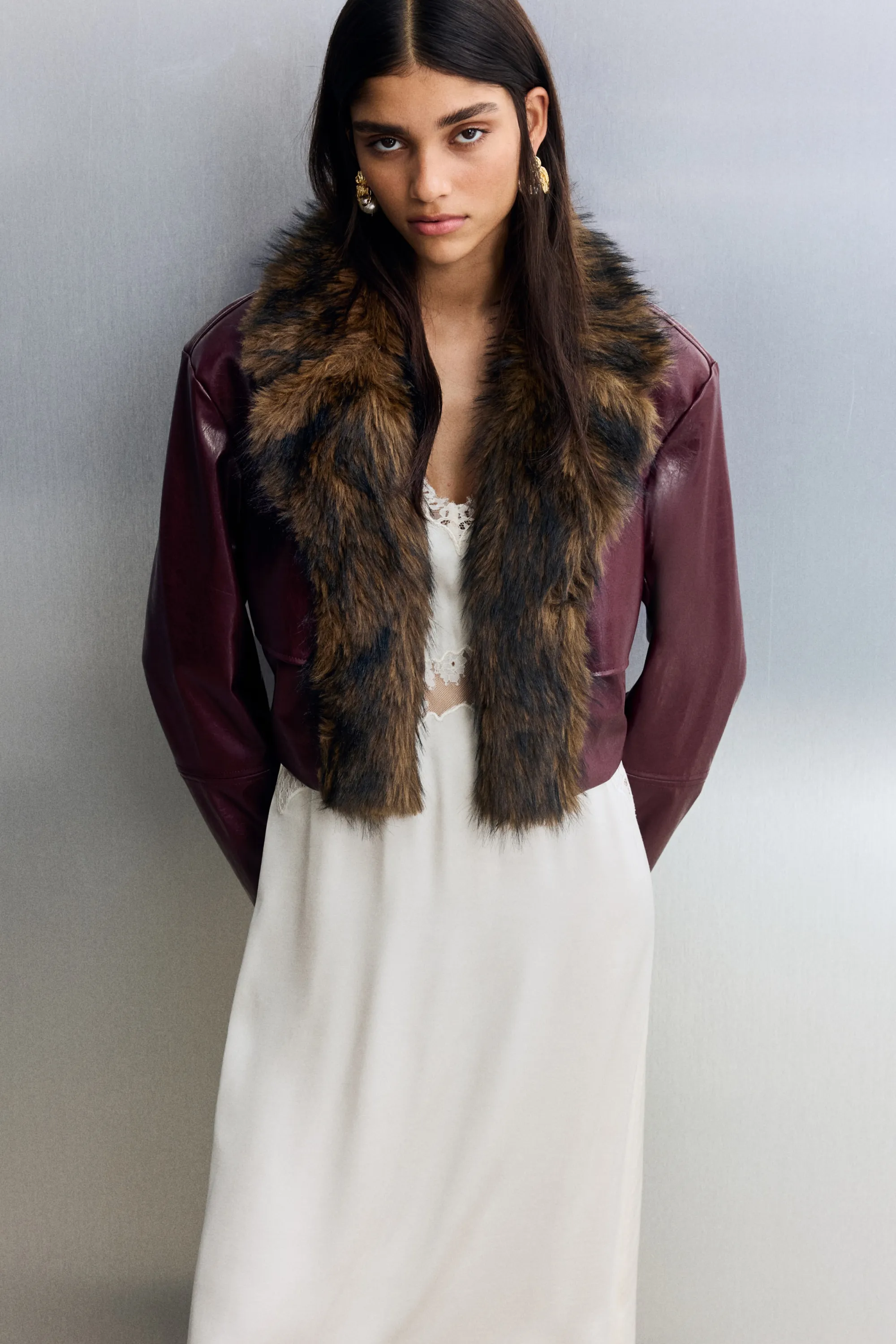 Veste courte en tissu enduit - Bordeaux/marron