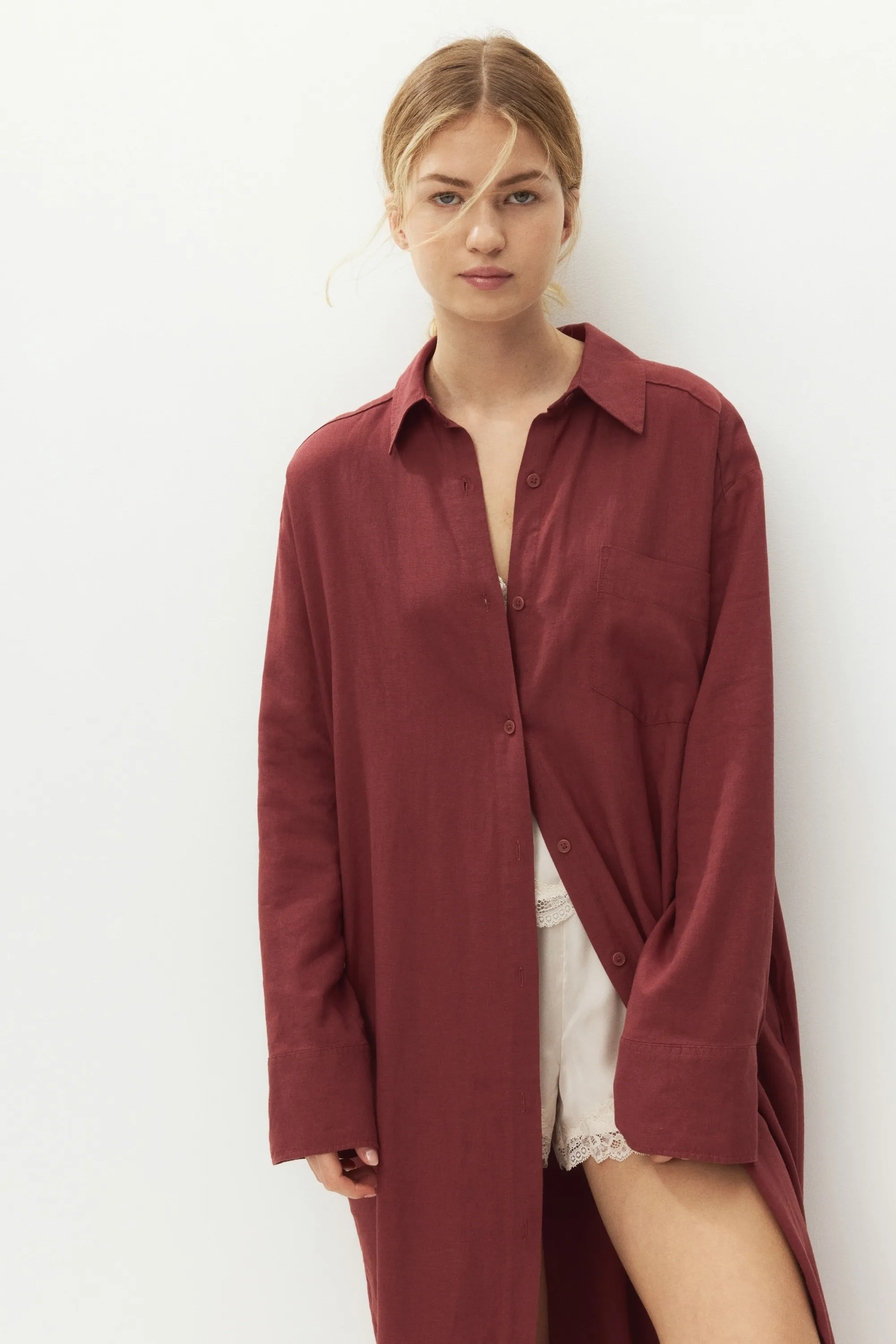 Robe chemise en lin mélangé - Rouge rouille