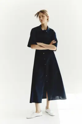 Robe en popeline avec liens à nouer dans le dos - Bleu marine — photo 1