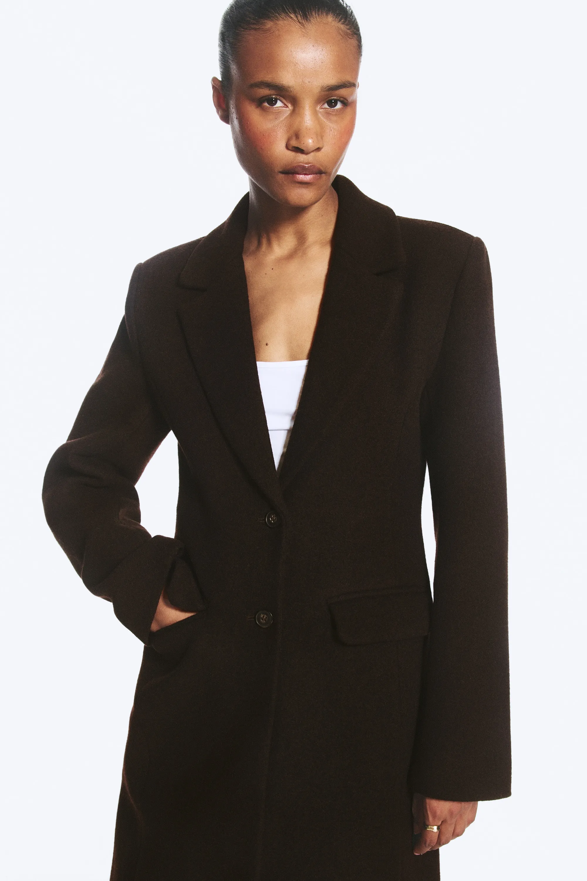 Manteau ajusté en mélange de laine à boutonnage simple - Marron foncé