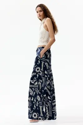 Pantalon à cordon en satin - Bleu marine/motif — photo 1