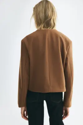 Scarf-collar twill jacket - Marron — photo 4