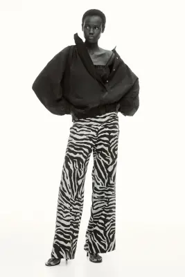 Pantalon évasé en lin mélangé - Beige clair/imprimé zèbre — photo 1