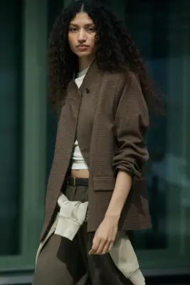 Blazer à col droit - Beige foncé/carreaux — photo 3