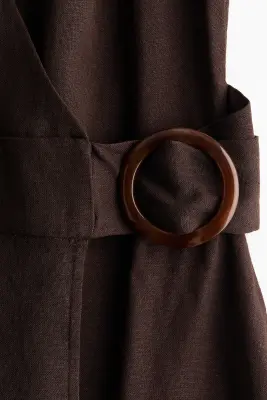 Robe portefeuille en lin mélangé - Marron foncé — photo 2