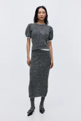 Top à manches bouffantes en maille - Gris chiné — photo 2