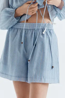 Short en lin mélangé avec taille élastique - Bleu clair/rayé — photo 2