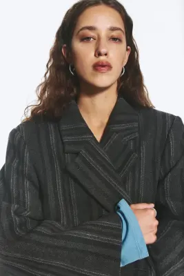 LOGAN MANTEAU CROISÉ EN LAINE MÉLANGÉE - Gris foncé rayé — photo 1