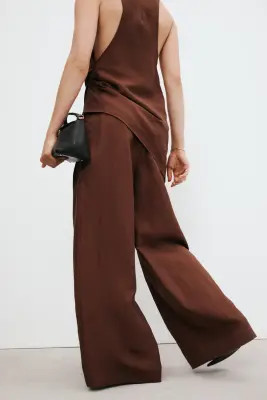Pantalon large en lin mélangé - Marron foncé — photo 3