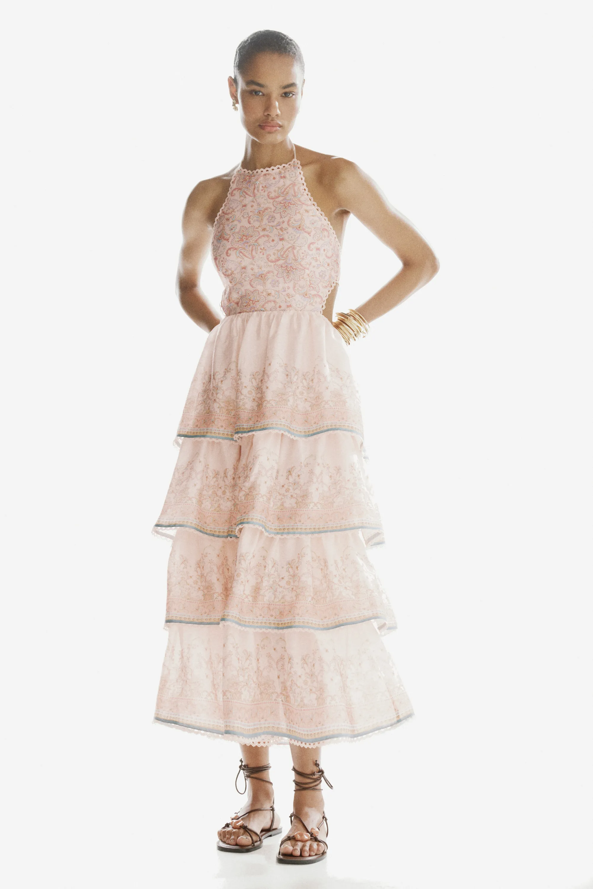 Robe dos nu étagée en lin mélangé - Rose clair/motif cachemire