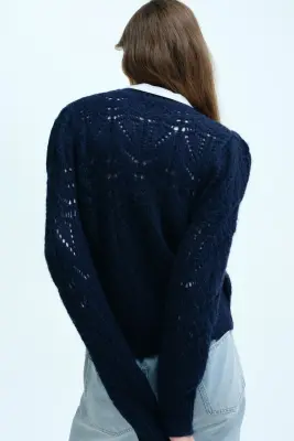 Pull en maille pointelle - Bleu marine — photo 3