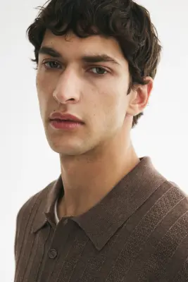 Regular Fit Textured-knit polo shirt - Taupe foncé — photo 3