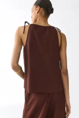 Top avec broderie anglaise et bretelles à nouer - Marron — photo 2