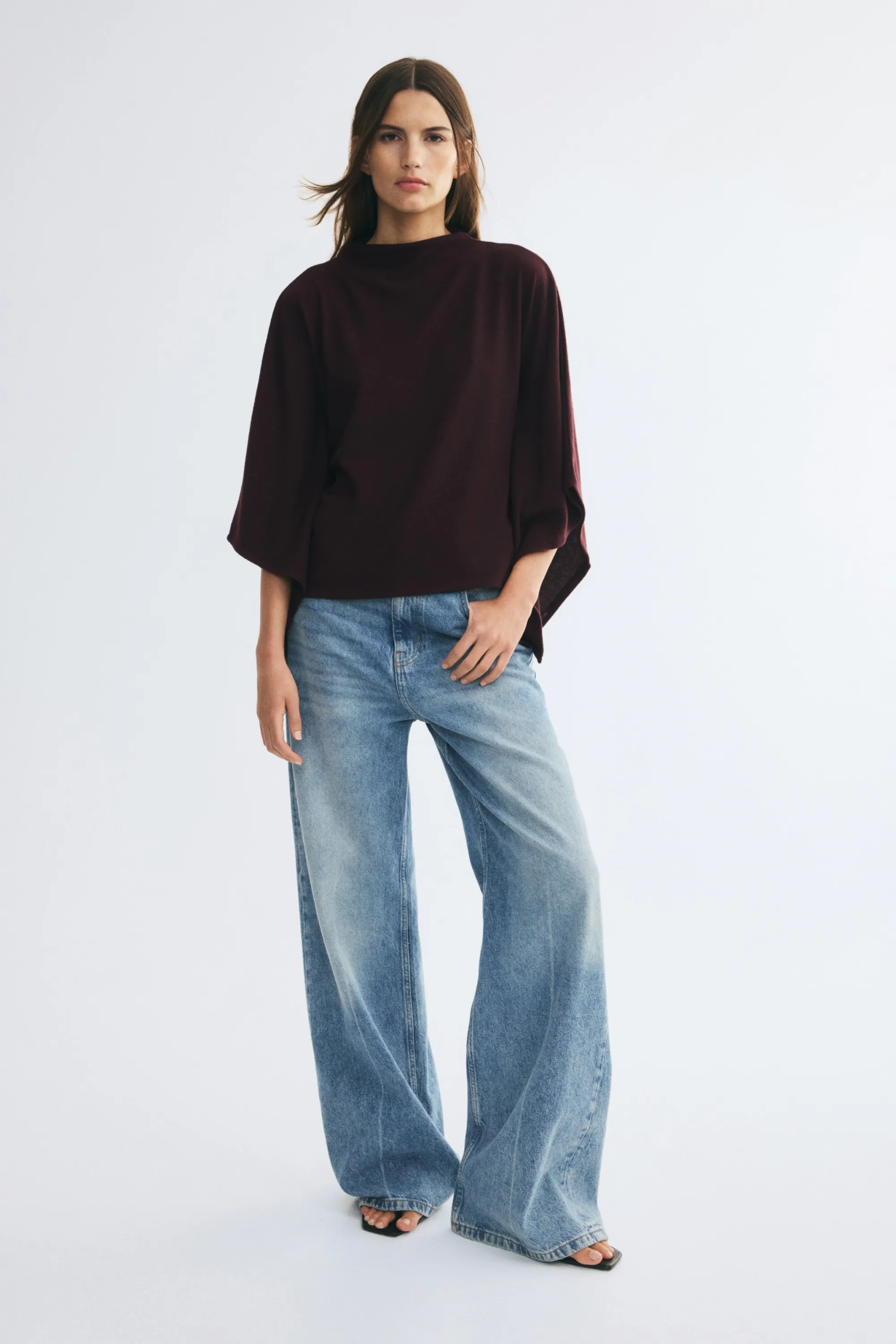 Cape en maille avec col cheminée - Violet prune foncé
