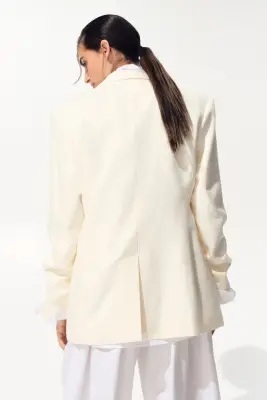 Blazer à fermeture droite en lin mélangé - Crème — photo 3