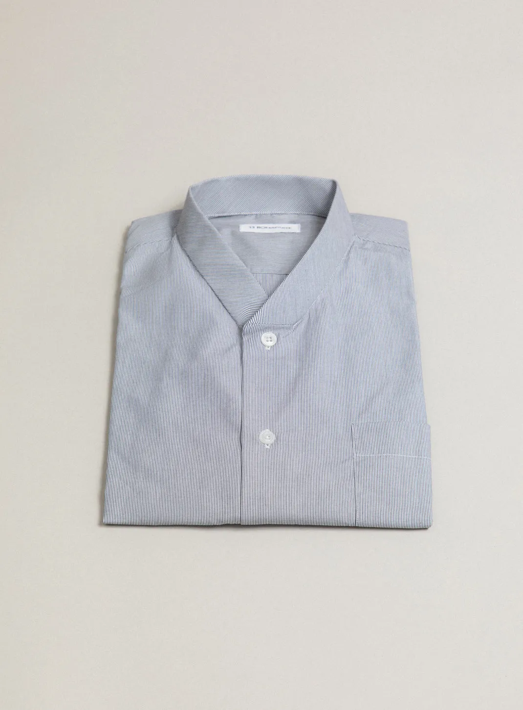 False Collar Shirt in White Poplin with Gray Fine Stripes