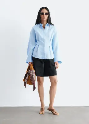 Chemise en lin plissée à la taille - Bleu clair — photo 2