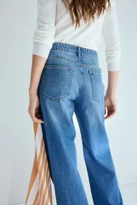 Straight High Waist Jeans avec foulard - Bleu denim/orange — photo 4