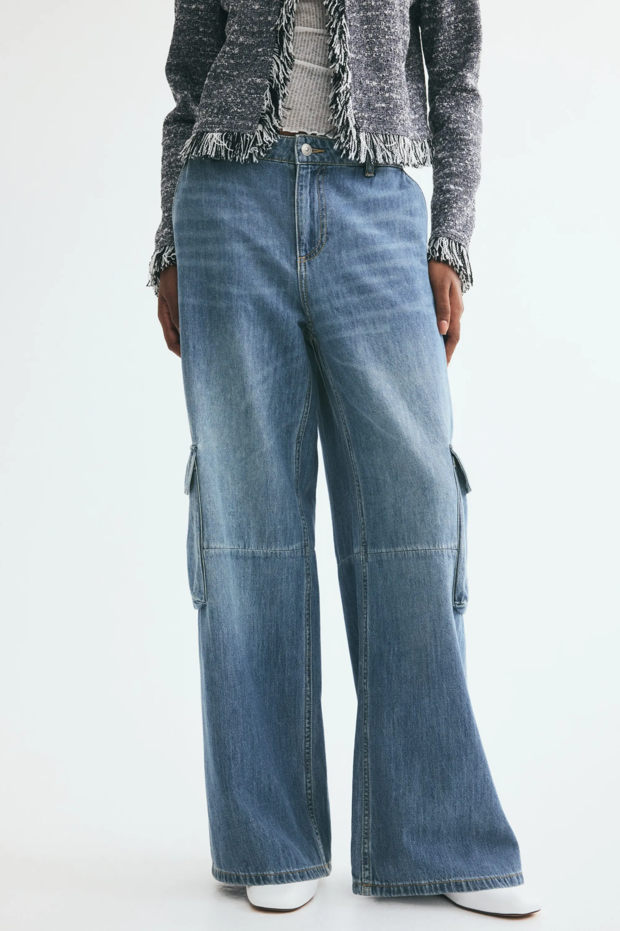 Wide Regular Waist Cargo Jeans - Bleu denim