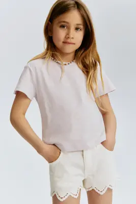 Short en denim avec broderie anglaise - Blanc — photo 1