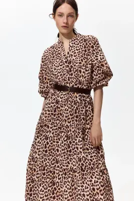 Robe midi à étages - Beige clair/imprimé léopard — photo 1