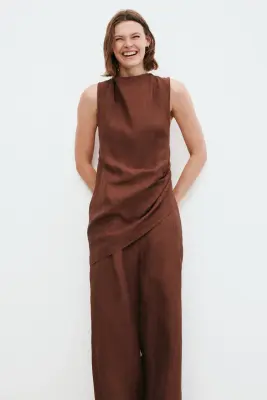 Top asymétrique en lin mélangé - Marron foncé — photo 1