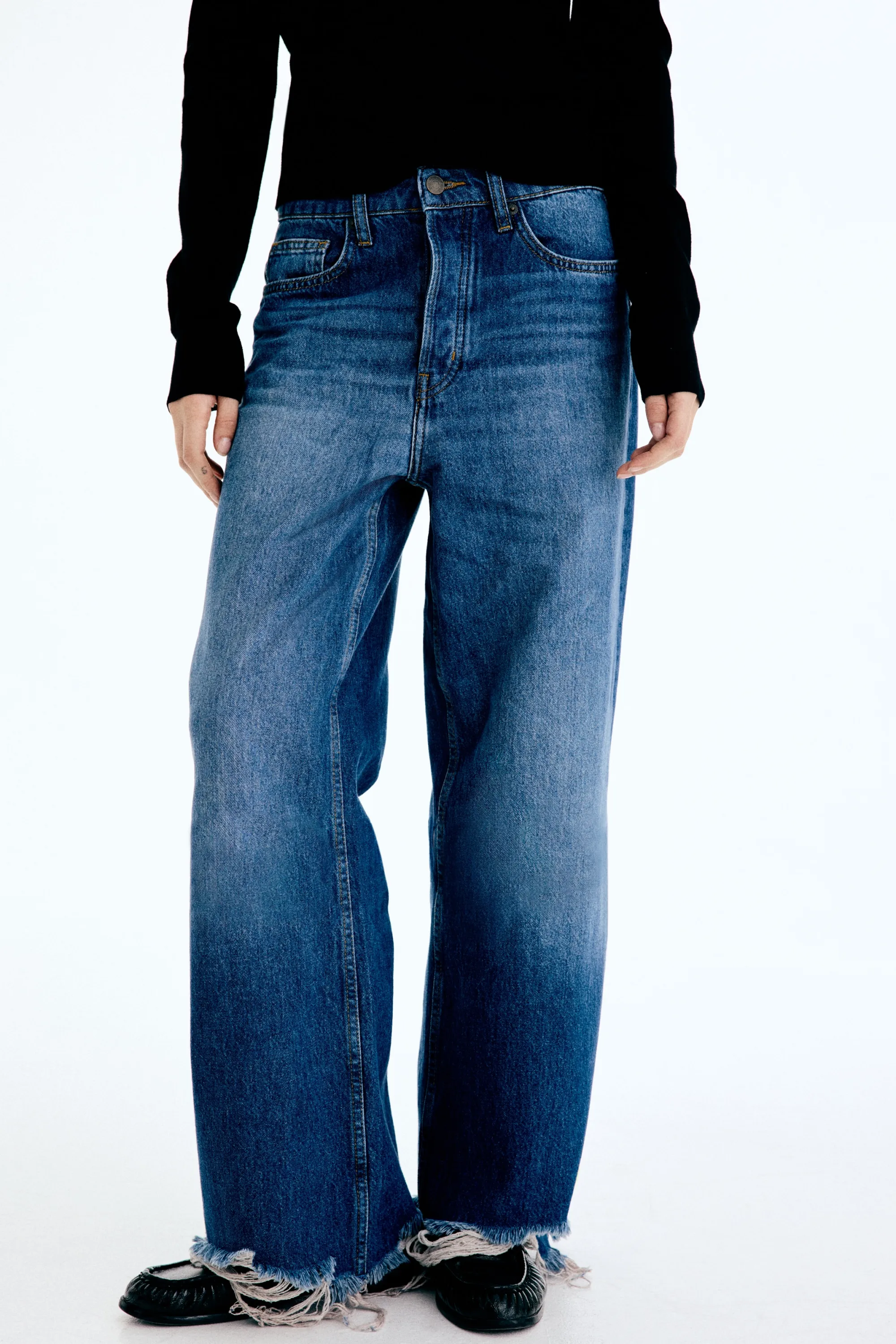 Wide High Waist Ankle Jeans - Bleu denim foncé