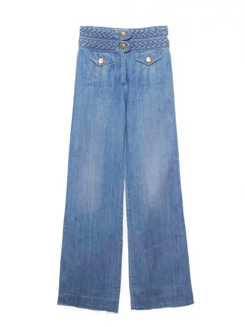 Jean flare taille haute ceinture tressée en coton bleu moyen Px boutique 550€ Taille 36