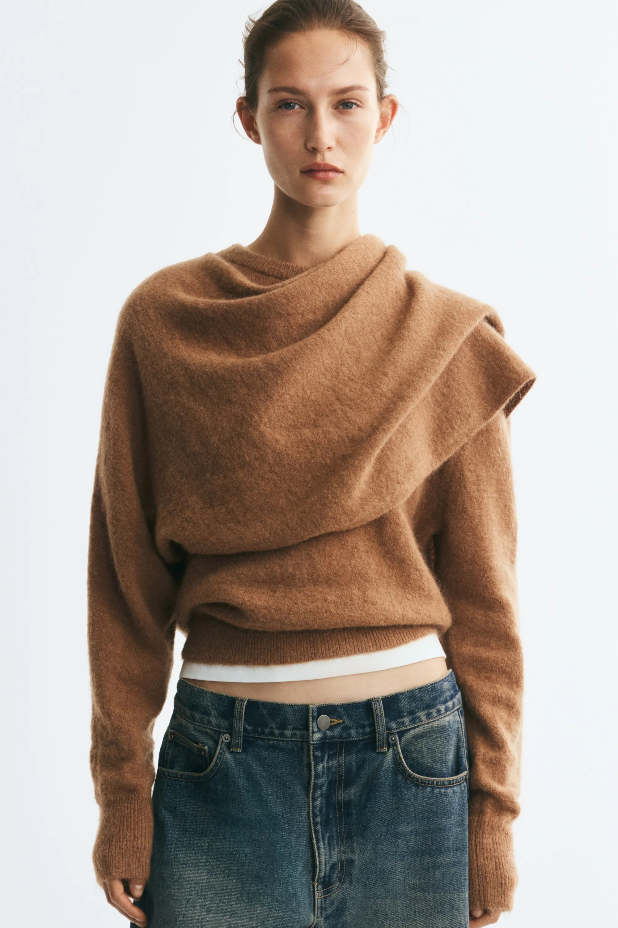 Pull à col foulard en mohair mélangé - Beige