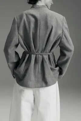 Blazer oversize avec ceinture - Gris chiné — photo 4