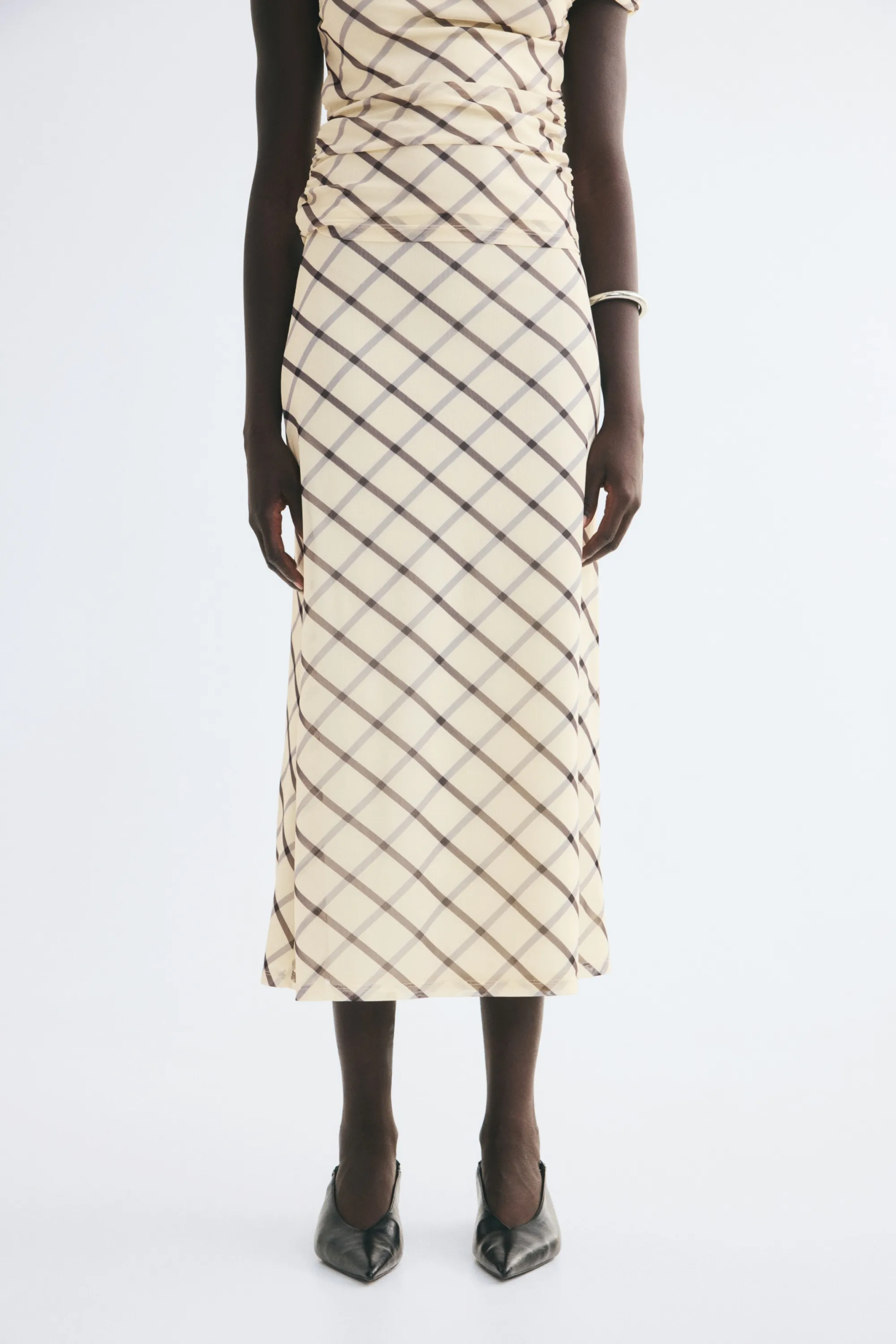 Jupe longue en mesh - Beige clair/carreaux
