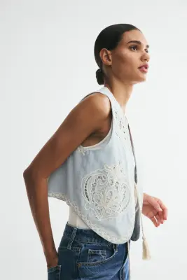 Gilet sans manches en lin mélangé - Bleu ancien clair/crème — photo 4