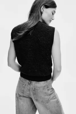 Gilet sans manches en maille bouclette - Bleu marine — photo 4