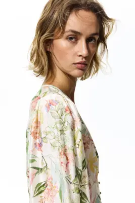 Blouse à encolure en V - Crème/fleuri — photo 3