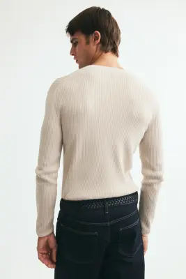 T-shirt côtelé Slim Fit avec col tunisien - Beige clair — photo 3