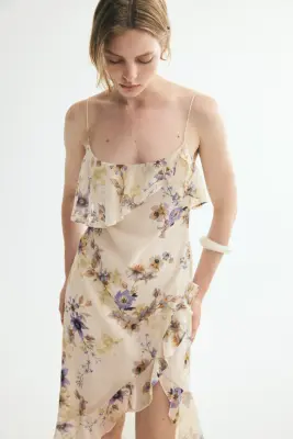 Robe volantée à bretelles fines - Beige clair/fleuri — photo 1