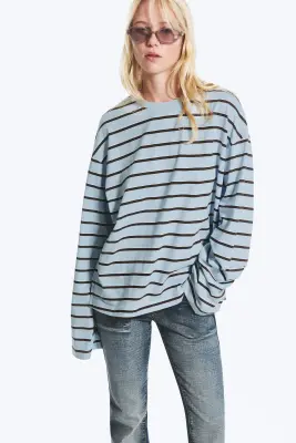 T-shirt en coton à manches longues - Bleu clair rayé/marron — photo 1