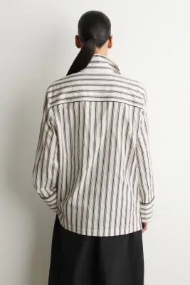 CHEMISE RAYÉE EN COTON À PASSEPOILS - BLANC / BRUN / RAYÉ — photo 4